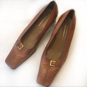 Enzo Angiolini Camel Leather Buckled Low Heels